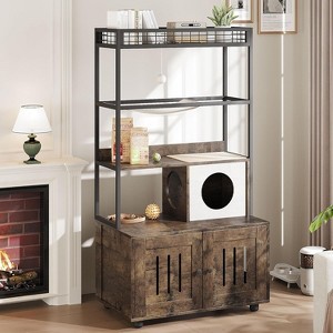 Cat Litter Box with Storage Shelves, 60 Inches Tall Hidden Litter Box, Cat Litterbox Furniture with Storage Rack, Hammock - 1 of 4