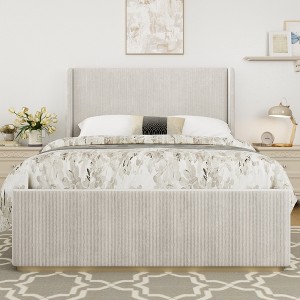 King Size Upholstered Bed with Vertical Stripe Wingback Headboard and High Footboard - 1 of 4