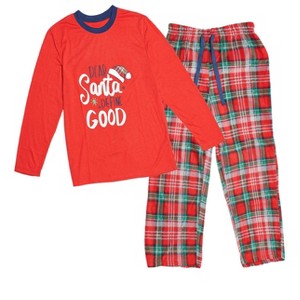 Casual Nights Junior Holiday 2 Piece Jersey Top and Micro Fleece Pants Pjs Set - Red/Green Plaid - X-Small - 1 of 4