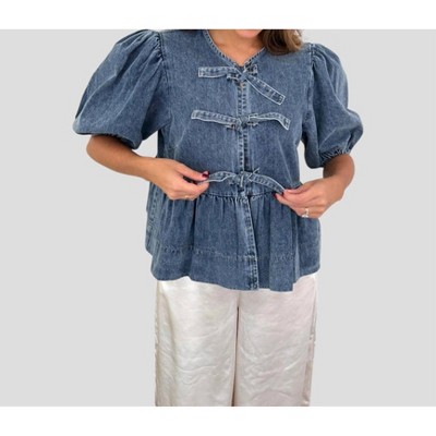 Women's Cara Medium Wash Denim Poplin Tie Top - Sofie the Label