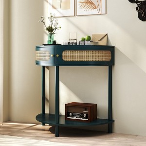 Zeus & Ruta Elegant Semi-Circle End Table with 2 Rattan Cabinets and Bottom Shelf for Living Room, Bedroom, Hallway - 1 of 4