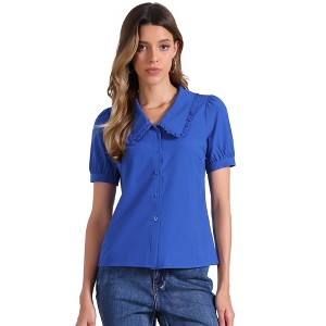 INSPIRE CHIC Women's Peter Pan Collar Puff Short Sleeve Button Cuff Elegant Blouse - 1 of 4