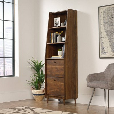 70" Grand Walnut Wood Narrow Bookcase with Drawers