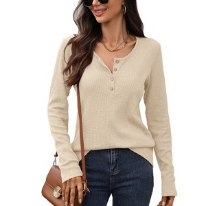 Coolmee Women's Long Sleeve Waffle Knit Shirts Dressy Casual Loose Button Up V Neck Henley Tops - 1 of 4