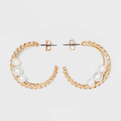 Two Row Chain and Pearl Hoop Earrings - A New Day™ Gold/White