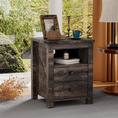 Farmhouse Nightstand wtih Charging Station, 18" End Table Side Table with 2 Drawers for Bedroom, Living Room