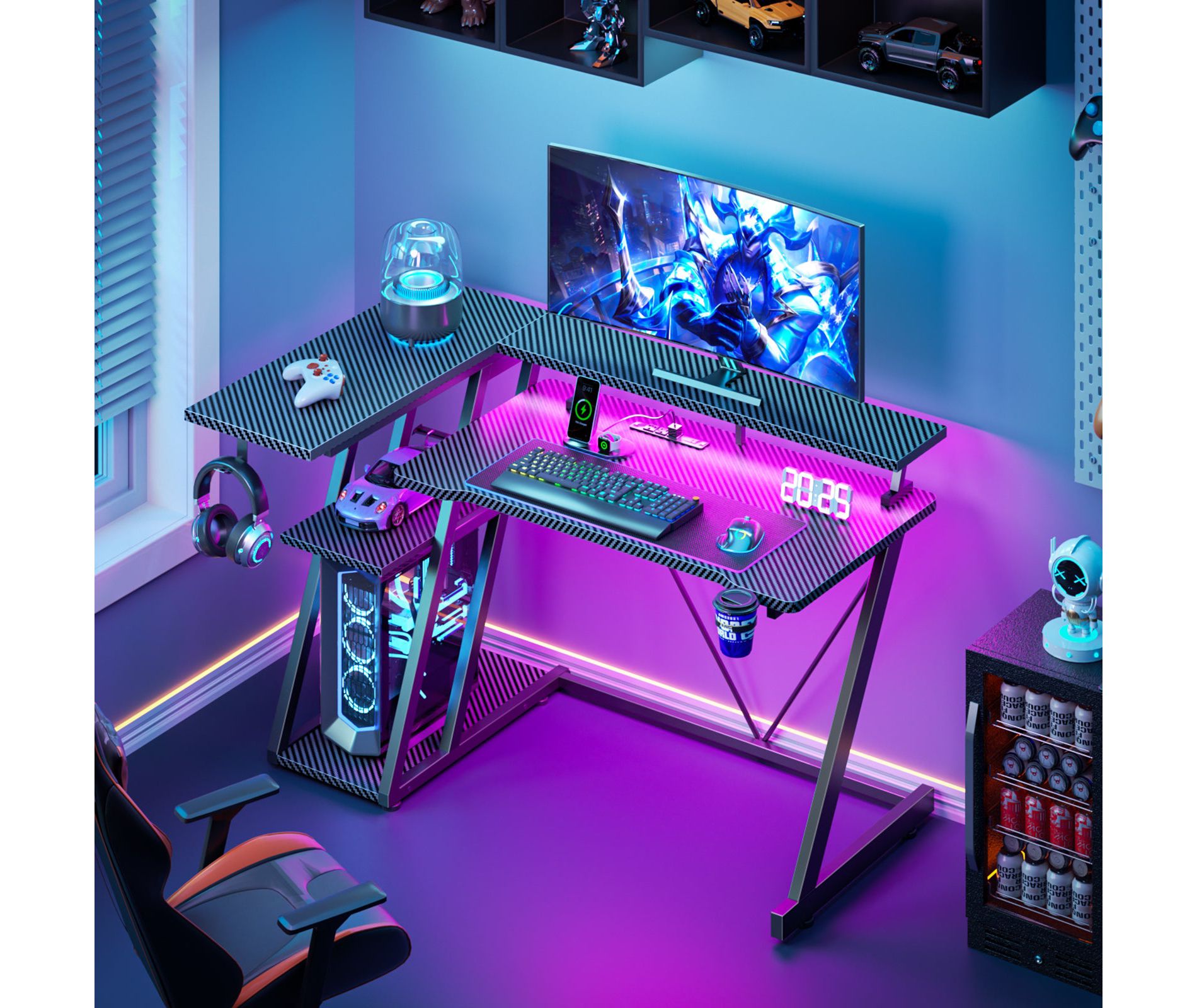 Qwatto 40'' Black Gaming Desk Small Space L Shaped Computer Table with Monitor Stand 3 Tier Storage Shelves Carbon Fiber Gamer