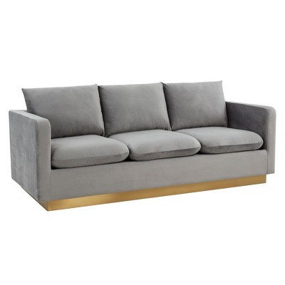 LeisureMod Nervo Mid-Century Modern Sofa Upholstered in Velvet with Gold Frame