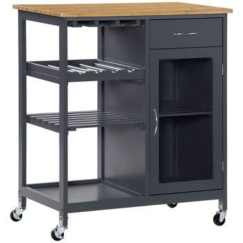 HOMCOM Utility Kitchen Cart, Rolling Kitchen Island Storage Trolley with Wine Rack, Shelves, Drawer and Cabinet, Gray