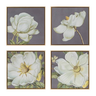 A&B Home 20"x20" Set of 4 Blooming Florals Framed Wall Arts Gold: Transitional Style, Abstract Mixed Media, Includes Mounting Hardware