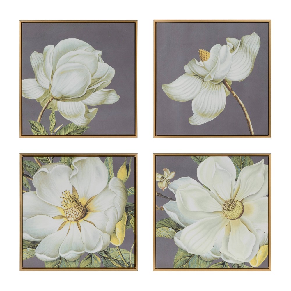 Photos - Wallpaper 20"x20" Set of 4 Blooming Florals Framed Wall Arts Gold - A&B Home