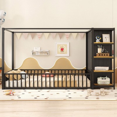 NicBex Kids Montessori Bed with Wardrobe,Full/Twin Size Floor Bed with Storage Shelves,Toddler bed for Bedroom,Black