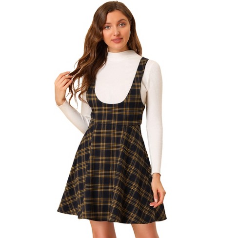 Allegra K Women's Pinafore Overall Tartan Checks Braces A-line ...