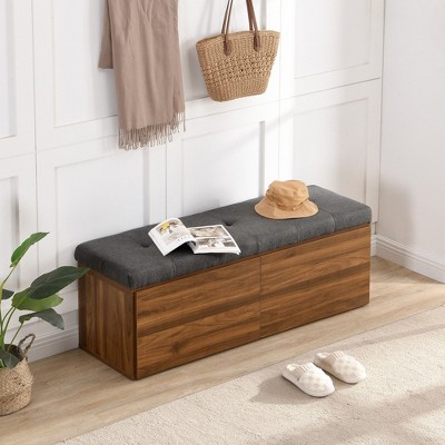 CAVINAS Linen Fabric Storage Ottoman Bench with Double Doors and Adjustable Shelves,Modern Storage Ottoman,Storage Bench for Living Room