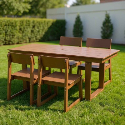 Modern 5 PCS Outdoor Dining Set, Rectangular Dining Table with Umbrella Hole, Dining Armless Chair with HDPE Frame-Coolbibila