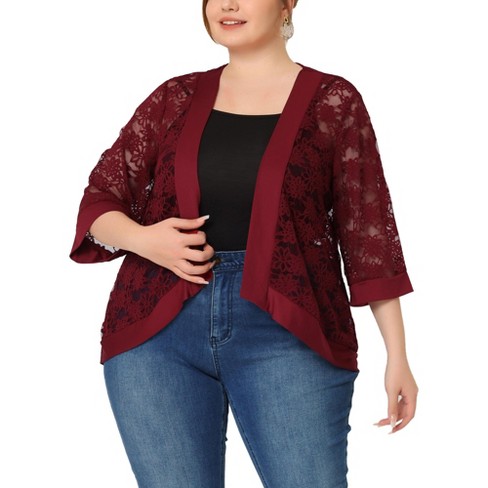 Agnes Orinda Women's Plus Size Elegant Open Front 3/4 Sleeve Lace  Lightweight Tunic Cardigans Burgundy 4x : Target