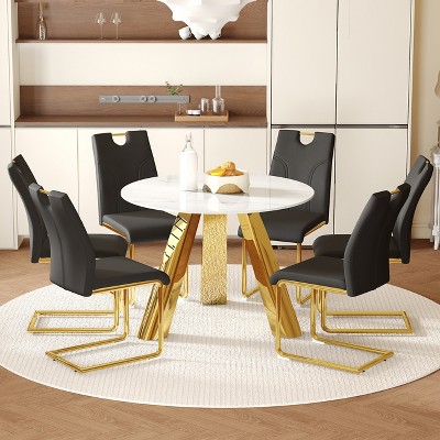 FURNIinspire Dining Sets Round Dining Set, 42" White Sintered Stone Dining Table And 6 Black Dining Chairs With Golden Stainless Steels Legs