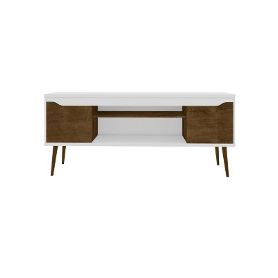 Bradley 63'' Glossy White and Rustic Brown Wood TV Stand with Cabinet