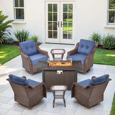 Buenhomino 7-Piece Small Patio Furniture Set, Outdoor Swivel Rocking Chairs Set with 50,000 BTU Fire Pit Table Wicker Chairs