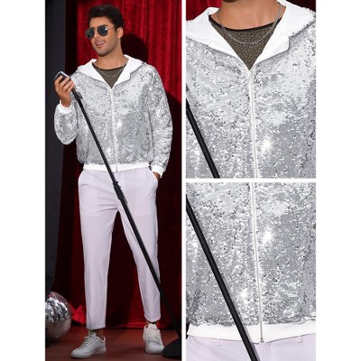 Lars Amadeus Men's Long Sleeves Zip Up Sparkle Metallic Sequins Hoodie Jackets XX Large Silver — фото 3