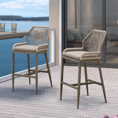 PURPLE LEAF Patio Sunbrella Bar Stools Set of 2 Handwoven Wicker Bar Height Stool Modern Aluminum Outdoor Wicker Barstools with Back and Cushion