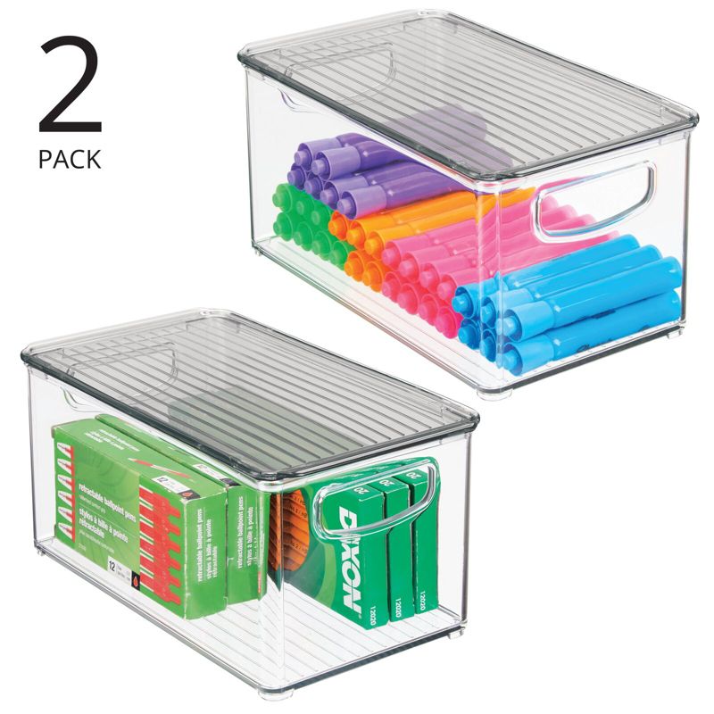 mDesign Plastic Storage Bin with Handles, Lid for Office - 2 Pack, 2 of 7