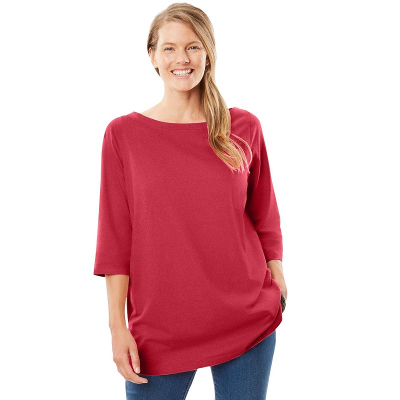 Woman Within Women's Plus Size Perfect Three-Quarter Sleeve Boatneck Tee, 1 of 2