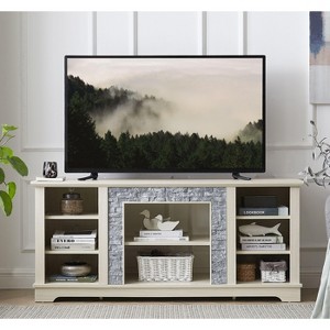 CAVINAS Mantel Stone TV Stand,Farmhouse Entertainment Center with Faux Stacked Stone Surround and Open Shelves for Living Room - 1 of 4