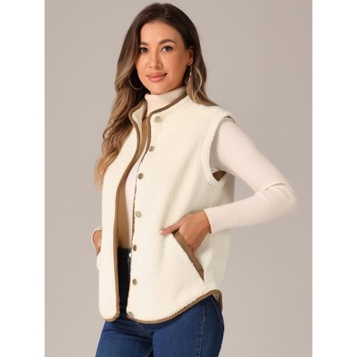 INSPIRE CHIC Women's Fleece Contrast Color Button Down Sleeveless Fuzzy Jacket Vest with Pockets Large Apricot Brown — фото 3