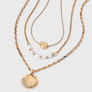 Pearl and Shell Drop Multi-Strand Necklace - A New Day™ Gold - 1 of 4