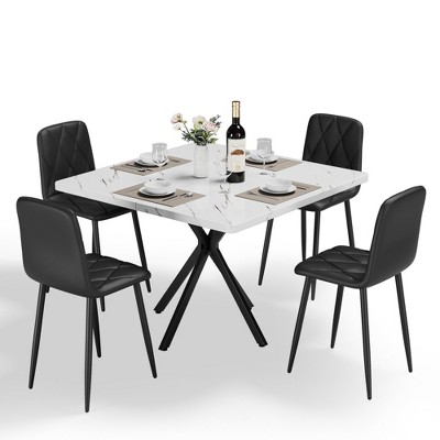 Maliang Square Dining Table Set for 4 Person, with 4 Chairs, Faux Marble Tabletop, Iron Legs, for Dining Room