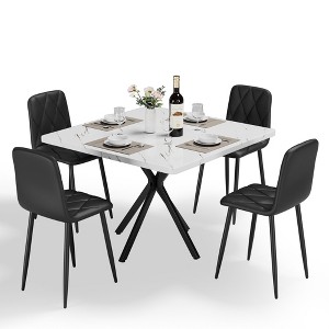Maliang Square Dining Table Set for 4 Person, with 4 Chairs, Faux Marble Tabletop, Iron Legs, for Dining Room - 1 of 4