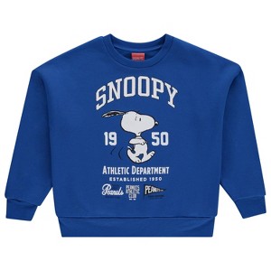 Girls Peanuts Snoopy Fashion Sweatshirt - Peanuts Collegiate Athletic Crewneck Sweatshirt - Linus, Woodstock, Snoopy Sweatshirt (Blue, Large) - 1 of 4