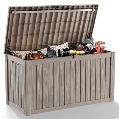 VisioGear Deck Boxes, 150 Gal Outdoor Storage Deck Box, Small Patio Storage Bin for Garden Tools, Brown, 54.25"*26.5"*28.74"