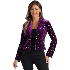 INSPIRE CHIC Women's Metallic Stars Printed Velvet 1 Button Business Office Crop Jacket - 1 of 4