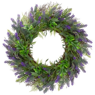 Northlight Lavender and Spring Foliage Artificial Floral Wreath, Purple - 24-Inch