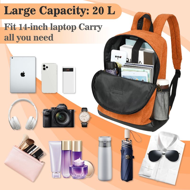 Tirrinia Corduroy School Backpack -Daily Student Class Bookpack- Large Travel Laptop Bag for Teen Girls & Boys, Orange, 3 of 8