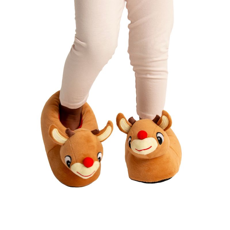 Rudolph The Red-Nosed Reindeer 3D Character Head Youth Brown Plush Slippers, 4 of 5