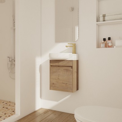ALEXOUN 16'' Wall Mounted Bathroom Vanity with Single Oval Ceramic Sink,with 1 Soft Close Doors and White Ceramic Sink Top  For Small Bathroom