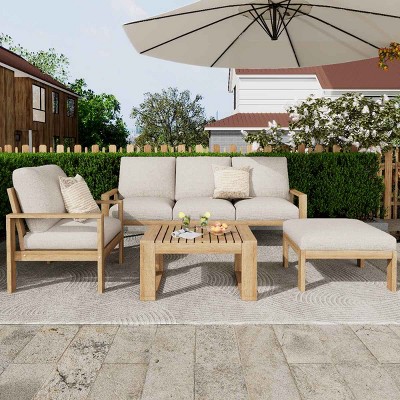 4 PCS Outdoor Sofa Set, Sofa Set with 3-Seater Sofa and Single Chair and Ottoman, Acacia Wood Sofa with Polyester Cushion-Coolbibila