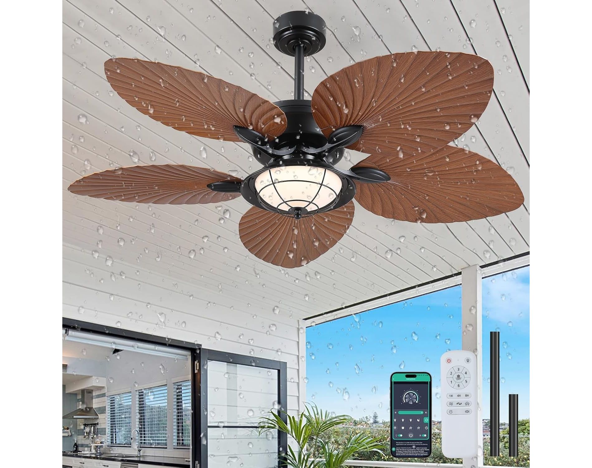 Kviflon 52" Waterproof Outdoor Palm Leaf Ceiling Fans with Lights and Remote,Wet Rated Tropical Ceiling Fans for Patios Porch Gazebo Pergola