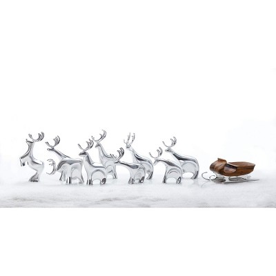 Nambe Miniature Figurin Set of 9 - Miniature Reindeer Figurines with Wooden Sleigh - Modern Holiday Figurine Set - Nambe Alloy Christmas Home Decor
