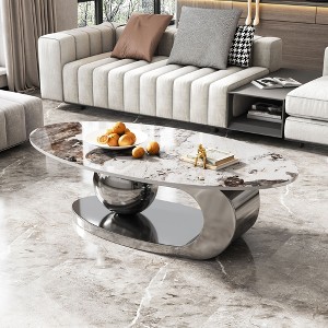 49.2" Faux Marble Oval Coffee Table with Stainless Steel Base and Central Ball Support for Living Room - 1 of 4