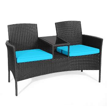 Tangkula Outdoor Rattan Furniture Wicker Patio Conversation Chair W/Cushions Turquoise
