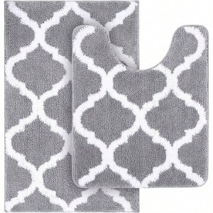 2 Piece Microfiber Bath Mat U - Shaped Toilet Rug, Non - Slip Absorbent Shaggy Mats for Tub, Shower, 24x16+24x20, Grey - 1 of 4