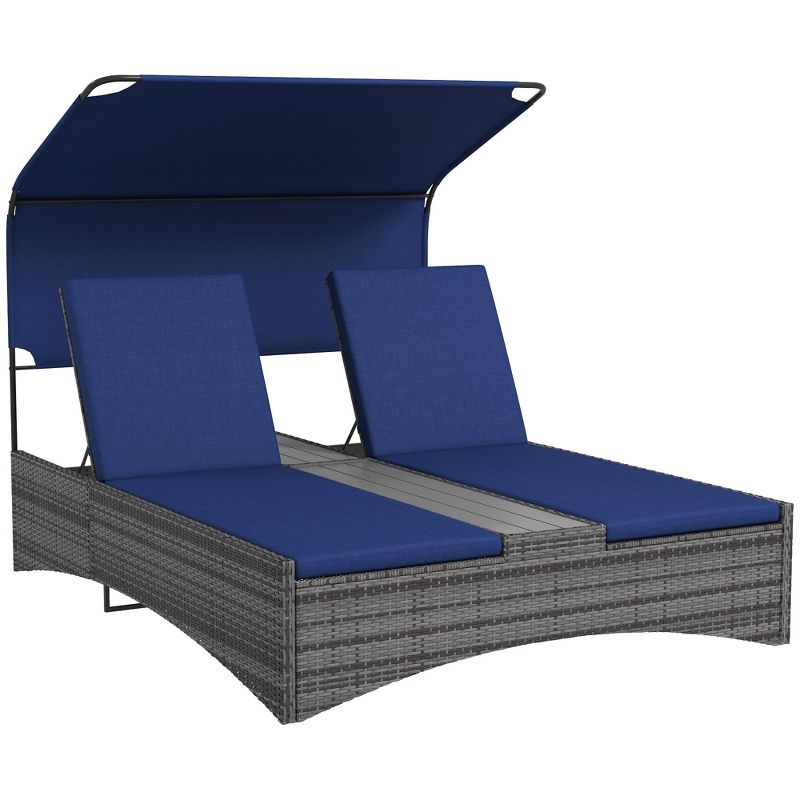 Outsunny 5-Position Reclining Cushioned PE Rattan Outdoor Double Chaise Lounge with Canopy, Dark Blue, 1 of 7