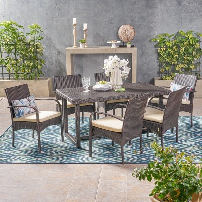 Harlowe 7pc Wicker Dining Set - Brown/Cream - Christopher Knight Home: Weather-Resistant Patio Furniture with Cushions