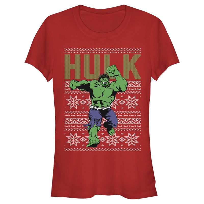 Juniors Womens Marvel Ugly Christmas Hulk T-Shirt, 1 of 4