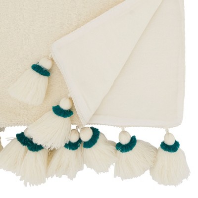 Off-White Cotton and Polyester Table Runner with Teal Tassels
