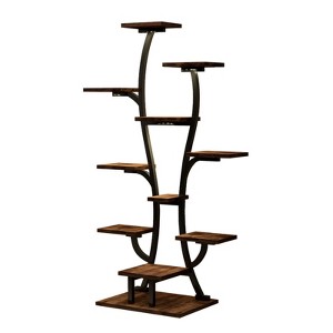 FONTOI 9 Tiered Indoor Plant Shelf, Metal Plant Flower Holder Stand, Tree-Shaped Plant Rack for Home, Patio, Black & Dark Walnut, 10.2"*64.57"*21.65" - 1 of 4